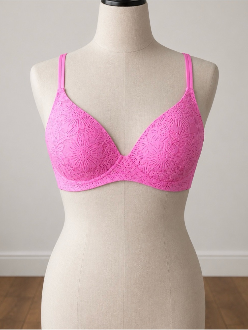 aerie Floral Lace Plunge Bra - Hot Pink